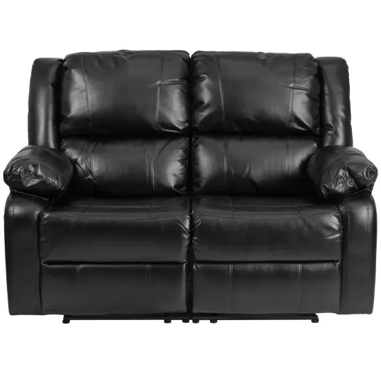 Emma and Oliver Bustle Back Loveseat with Two Built-In Recliners Black LeatherSoft {3}