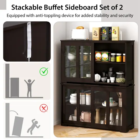 Costway 2-Door Stackable Buffet Sideboard Set of 2 with Sliding Tempered Glass Doors Black/Coffee/Gray/White {1}