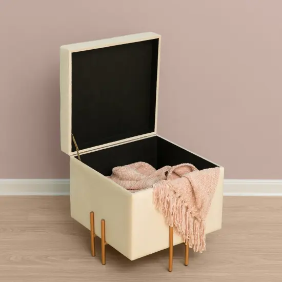 Square Velvet Storage Ottoman with Rose Gold Legs Ivory {3}
