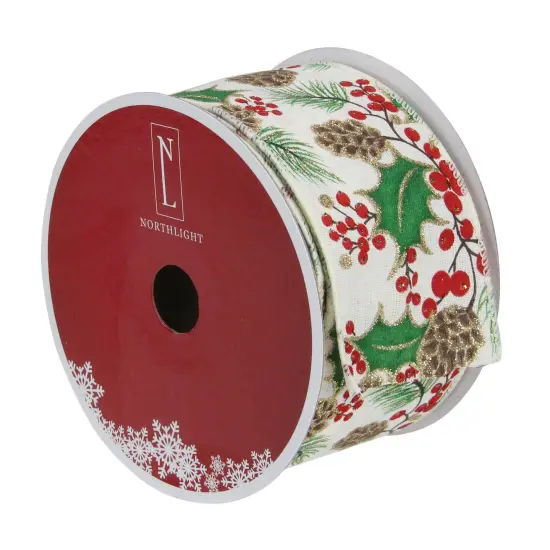 Northlight Glitter White and Green Holly Berries Christmas Wired Craft Ribbon 2.5" x 16 Yards {4}
