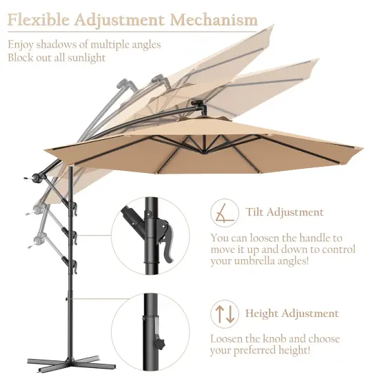 Costway 10' Hanging Solar LED Umbrella Patio Sun Shade Offset Market W/Base Beige {6}
