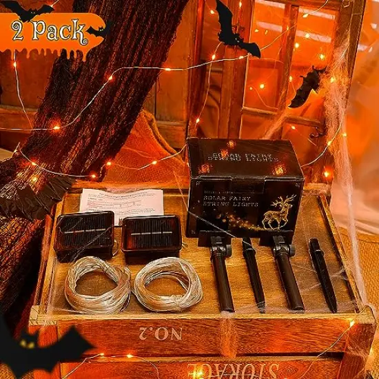 2 PackSolar Halloween Lights Outdoor,Each 33Ft 100LED Orange Halloween Lights,Copper Wire Solar Powered Fairy String Lights 8 Modes for Garden,Tree,Thanksgiving,Christmas,Parties,Home Decor {3}