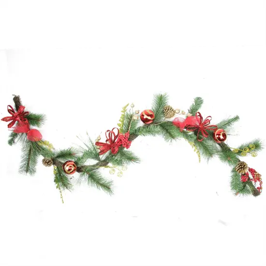 Northlight Bows, Berries and Ornaments Mixed Pine Artificial Christmas Garland - 6' x 10" - Unlit Red {1}