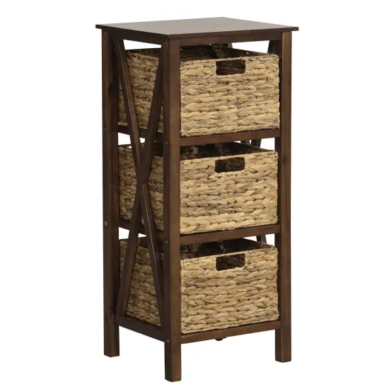Costway 1/2 PCS 3-Tier Nightstand with 3 Seagrass Baskets Rubber Wood X-Shaped Frames 3 Drawers {8}