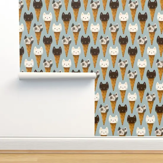 Peel & Stick Wallpaper 2FT Wide Whimsical Cats Ice Cream Cute Kittens Cone Kids Blue Sweet Food Animals Custom Removable Wallpaper by Spoonflower {2}