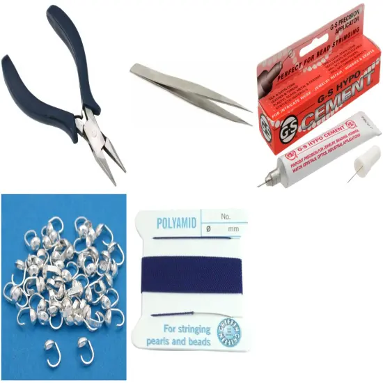 Bead Tip Kit - Pliers, Tweezers, Cement, 50 Bead Tips & Dark Blue Bead Cord #6 {1}