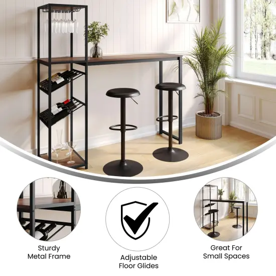 Merrick Lane Kramer Metal Bar and Wine Table with Bottle Storage and Hanging Stemware Holders WalnutTop/BlackFrame {2}