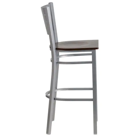 Emma and Oliver 2 Pack Silver Slat Back Metal Restaurant Barstool WalnutWood/Silver {4}