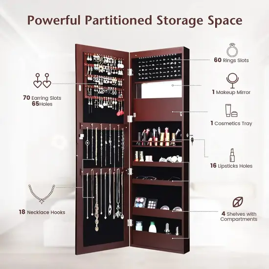 Lockable Wall Door Mounted Mirror Jewelry Cabinet with LED Lights Brown {5}