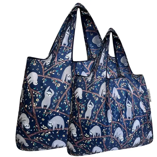 Wrapables Large & Small Foldable Tote Nylon Reusable Grocery Bags, Set of 2 Sloths {1}