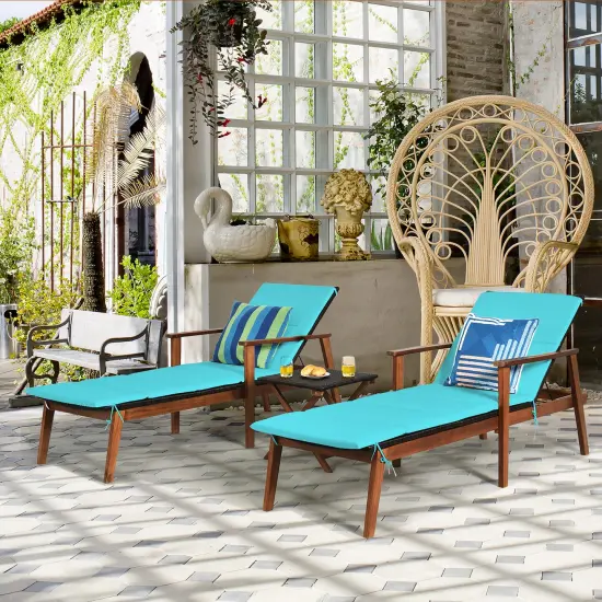 Costway 3PCS Patio Rattan Lounge Chair Folding Table Set Chaise Wood Cushioned White\Turquoise {4}