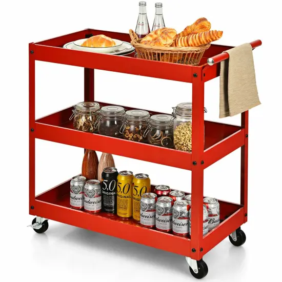 3-Tier Utility Cart Metal Mental Storage Service Trolley Red {4}