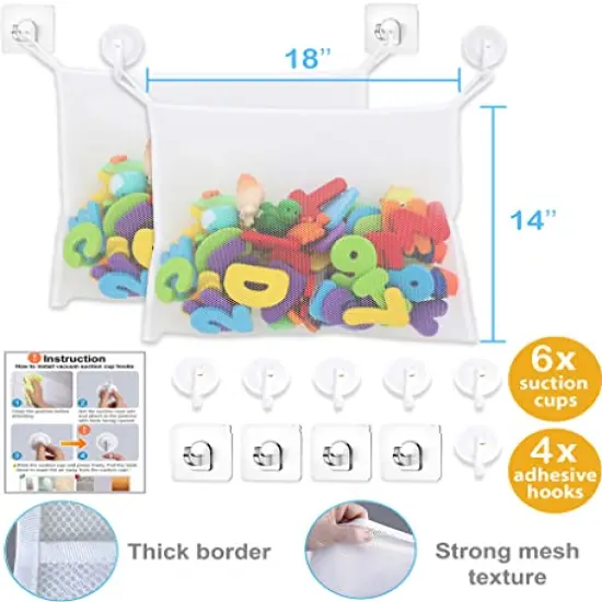 2 x Large Mesh Bath Toy Storage Organizer + 6 Wall Suction Cups, 4 Adhesive Hooks, Bathtub Toy Holder, Baby Bath Toys Net, Bathroom Shower Caddy Hammock, Bath Toy Basket and Bag for Kids & Toddlers {6}