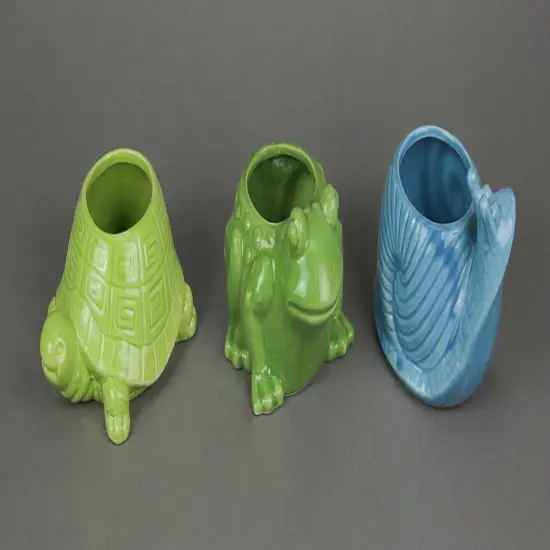 Set of 3 Garden Critters Turtle Frog and Snail Dolomite Ceramic Mini Planters {3}