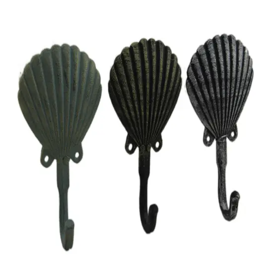 Distressed Scallop Shell 3 Piece Coastal Cast Iron Wall Hook Set {1}