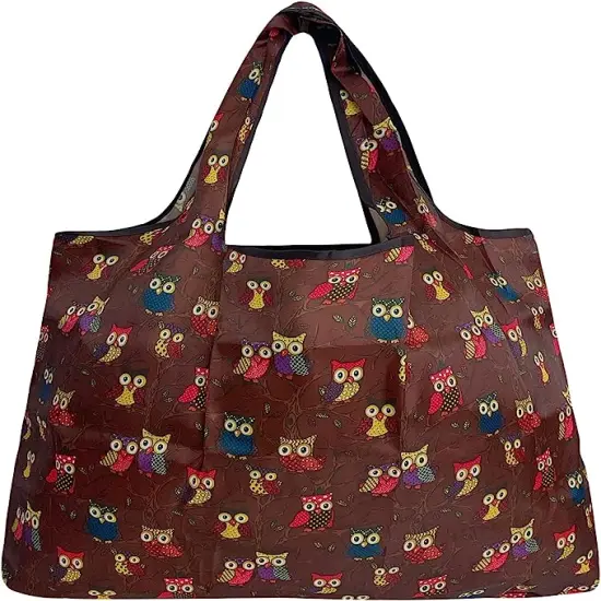 Wrapables Large Foldable Tote Nylon Reusable Grocery Bags, 3 Pack Elephant Owls Cats {3}