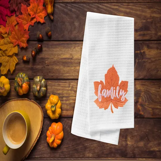 "Family" Leaf Embroidered Waffle Weave Kitchen Autumn Dishtowel {3}