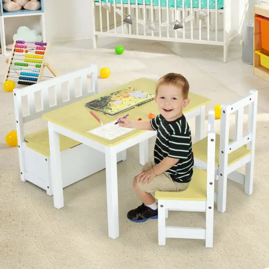 4 Pieces Kids Wooden Activity Table and Chairs Set with Storage Bench and Study Desk Beige {6}