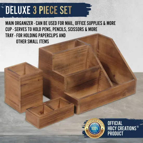 HBCY Creations 3 PIECE Desk Organizer Set- Rustic Mail Organizer For Desktop - Great For Rustic or Industrial Decor! Makeup Organizer For Vanity Rustic Brown {2}