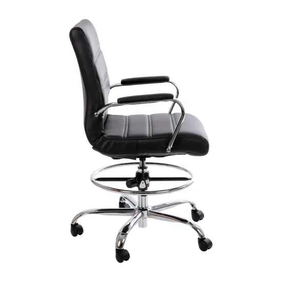 Merrick Lane Tevia Mid-Back Drafting Chair with Adjustable Foot Ring Faux Leather Upholstered Swivel Chair with Chrome Base Black {5}