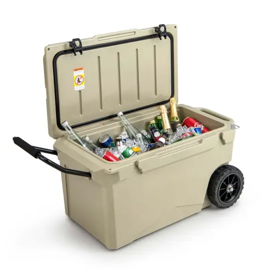 Costwasy 75 Qt Portable Cooler Roto Molded Ice Chest Insulated 5-7 Days with wheels Handle Charcoal/Tan {1}