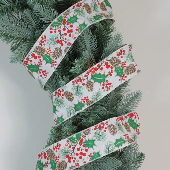 Northlight Glitter White and Green Holly Berries Christmas Wired Craft Ribbon 2.5" x 16 Yards {3}