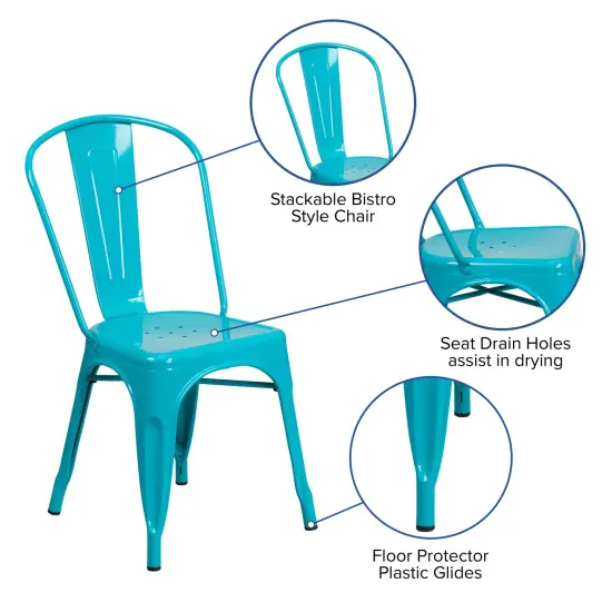 Merrick Lane Wells Indoor/Outdoor Stacking Metal Dining Chair with Single Slat Back and Powder Coated Finish Crystal Teal-Blue {2}