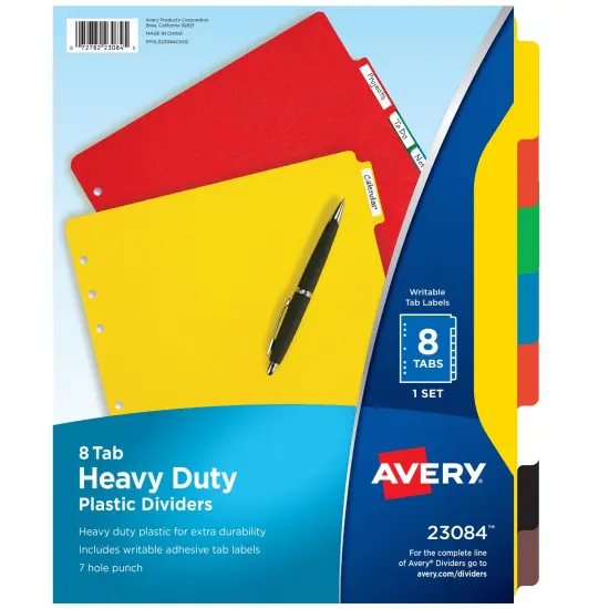 Avery Heavy-Duty Plastic Dividers for 3 Ring Binders and 7 Ring Binders, 8-Tab Set, Multicolor with White Labels, 1 Set (23084) {1}