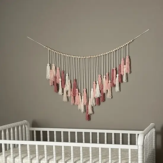 Blush Pink Macrame Wall Hanging Boho Decor Blush Pink Room Decor Tassel Garland Wall Decor with Wood Beads for Bedroom Living Room Nursery Decor {3}