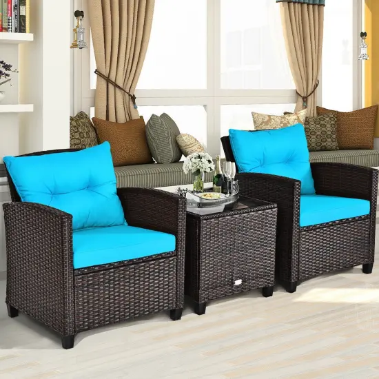 3 Pcs Patio Rattan Furniture Set Cushioned Conversation Set Coffee Table Turquoise {3}