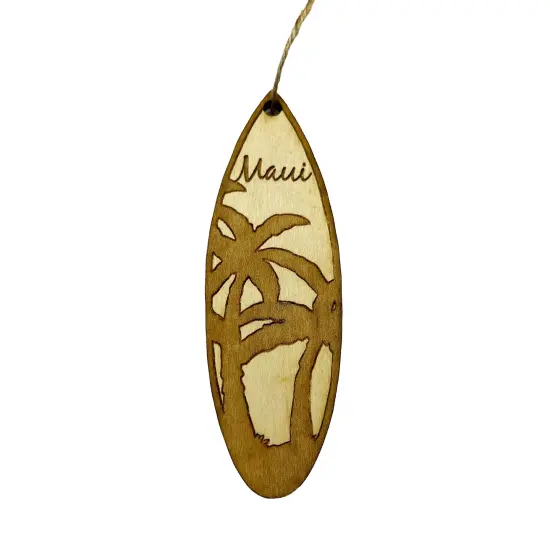Ornament - Maui Palm Tree Surfboard - Raw Wood Maple {1}