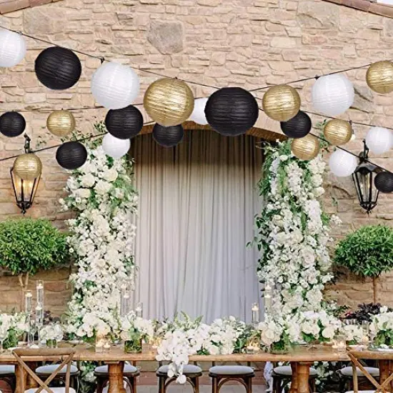 15 Pieces Paper Lanterns Decorative, Round Hanging Paper Lanterns Decorations for Wedding Graduation Anniversary Birthday Party Supplies Black/Gold/White {5}