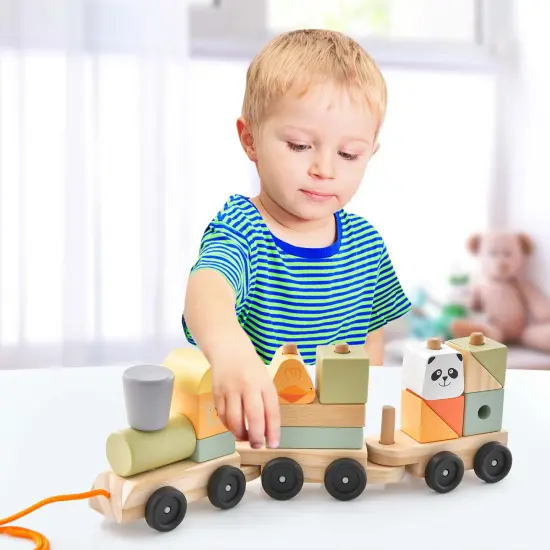 Costway Kids Wooden Train Set Toddler 3-Section Toy Train with Stackable Building Blocks {4}