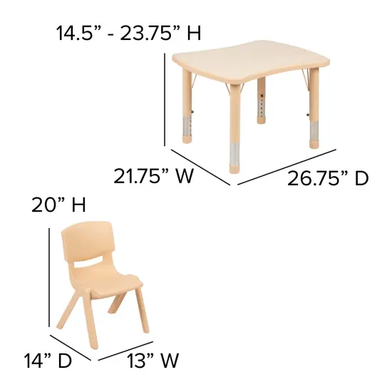 Emma and Oliver 21.875"W x 26.625"L Rectangular Plastic Height Adjustable Activity Table Set with 2 Chairs Natural {5}