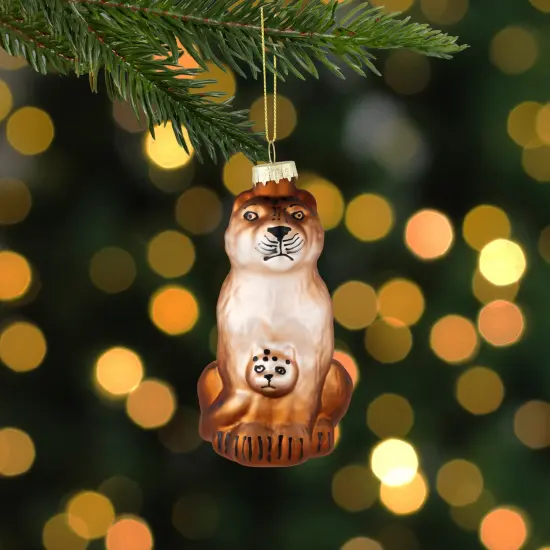 Northlight 4" Glittered Jaguar and Cub Glass Christmas Ornament Brown {3}
