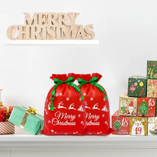 Wrapables Non-Woven Christmas Holiday Drawstring Gift Bags for Party Favors, Goodie Bag, Treats, Gift Wrap, Parties (Set of 8) Red {6}