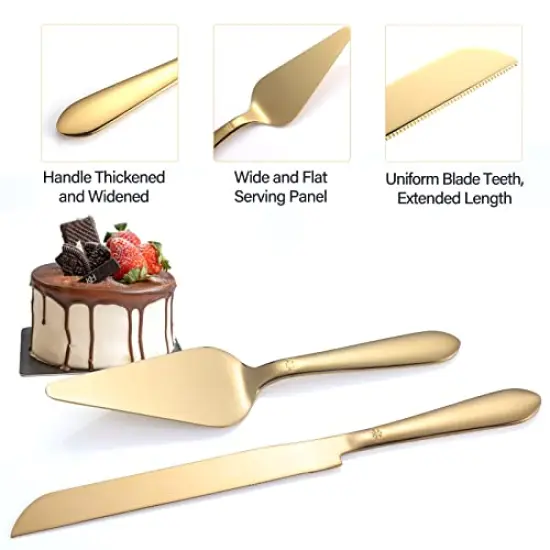 Cake Cutting Set for Wedding, Elegant Knife and Server with Thickened Stainless Steel Rounded Edges, Cutter Pie Spatula Birthday Anniversary Christmas Gift of 2, Gold {2}