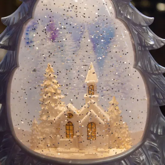 Gerson Lighted Water Globe Decoration, Christmas Tree Decor with Timer, Tree-Shaped Lit Shimmer Snow Globe with Snowy Church Scene, 12&rdquo; {6}