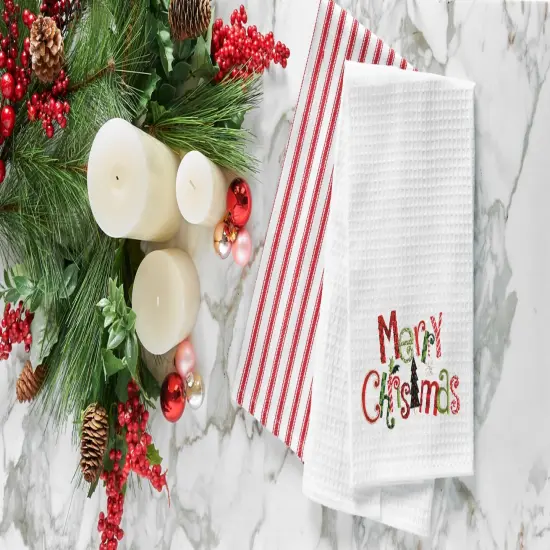 "Merry Christmas" Cotton Waffle Weave Kitchen Dishtowel {4}
