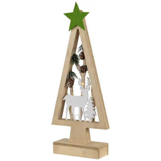 Northlight Lighted Wooden Christmas Tree with Star and Reindeer Woodland Scene - 15" Ivory {5}
