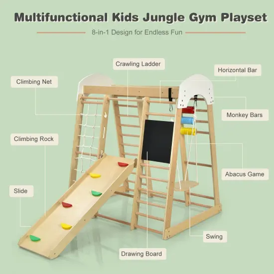 8-in-1 Multi-Functional Kids Wooden Climber Gym Playset Suitable for Indoor or Outdoor Space Natural {6}