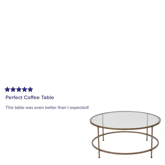 Merrick Lane Newbury Glass Coffee Table with Round Matte Gold Frame and Vertical Legs Clear/Brushed Gold {5}