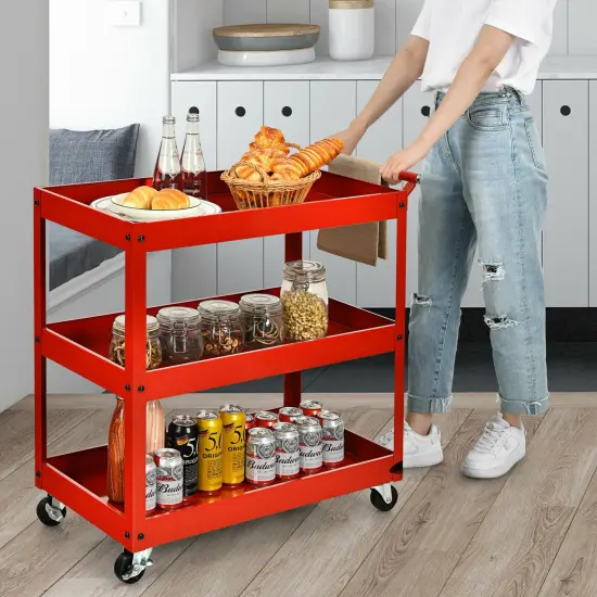 3-Tier Utility Cart Metal Mental Storage Service Trolley Red {1}