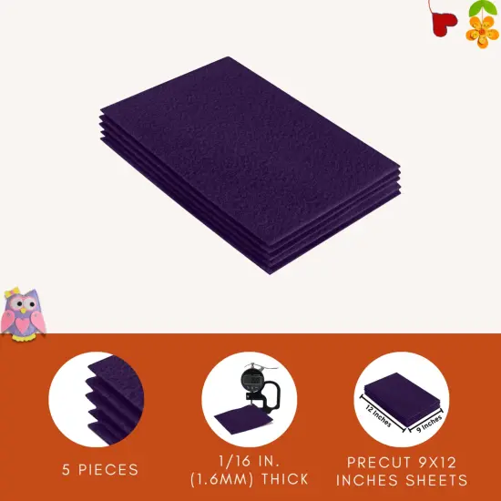 FabricLA Acrylic Felt Sheets for Crafts - Precut 9" X 12" Inches (20 cm X 30 cm) Felt Squares - Use Felt Fabric Craft Sheets for DIY, Costume, and Decoration | Plum - 5 Pieces {5}
