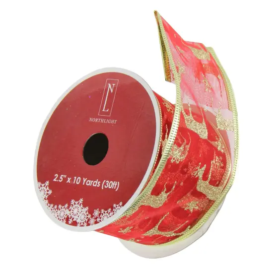 Northlight Club Pack of 12 Red and Gold Reindeer Wired Christmas Craft Ribbon 2.5" x 120 Yards {4}