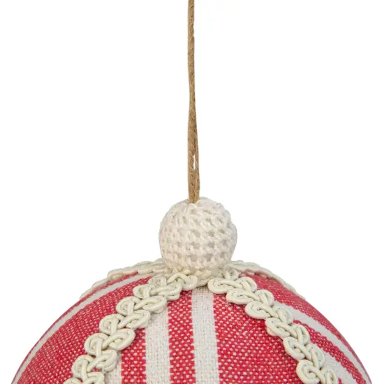 Northlight 4.75" Red and White Striped Ball Christmas Ornament with Rope Accent {5}
