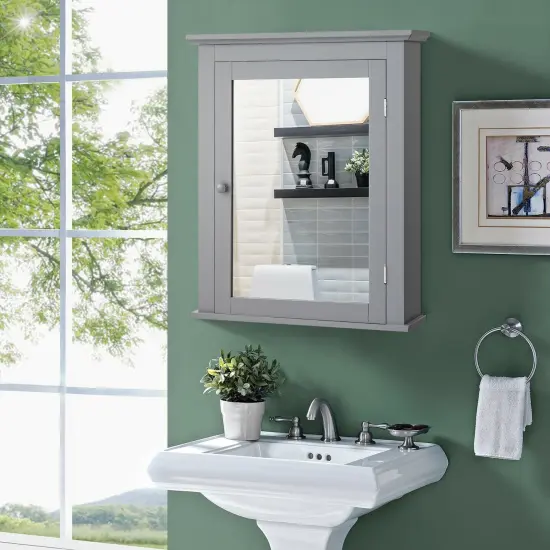 Bathroom Mirror Cabinet Wall Mounted Adjustable Shelf Medicine Storage Grey {3}