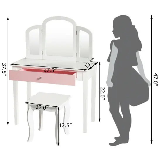 Kids Princess Make Up Dressing Table with Tri-folding Mirror and Chair White {4}