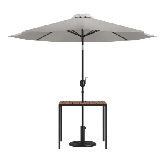 Merrick Lane Square Faux Teak Outdoor Dining Table with Powder Coated Steel Frame, 9' Adjustable Umbrella and Base Teal {6}