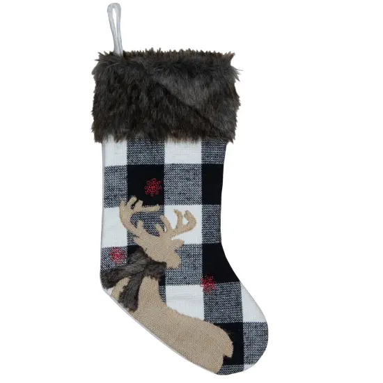 Northlight 18-Inch Black and White Buffalo Plaid Burlap Reindeer Christmas Stocking {1}